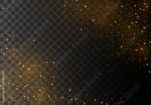 Magic gold dust and highlights. Glowing glitter of smoke or splashes. Golden Rain. Stardust sparkles with an explosion on transparent background. Sparks golden stars shine with special light vector.