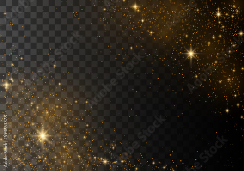 Magic gold dust and highlights. Glowing glitter of smoke or splashes. Golden Rain. Stardust sparkles with an explosion on transparent background. Sparks golden stars shine with special light vector.