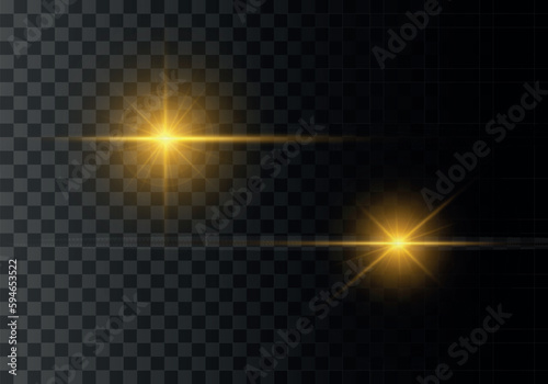 Line, star shiny golden light effect on transparent background. Effects glare, lines, glitter, golden explosion. Light sun gold png. Abstract glare and blinks. Yellow soft neon lines and lights vector