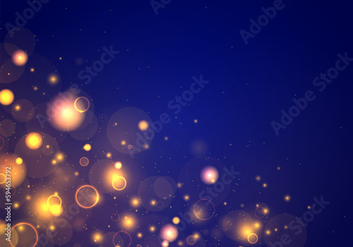 Glowing yellow bokeh circles  sparkling golden dust. Abstract glitter defocused blinking stars and sparks. Blurred light bokeh on dark blue background. Vector sparkles.