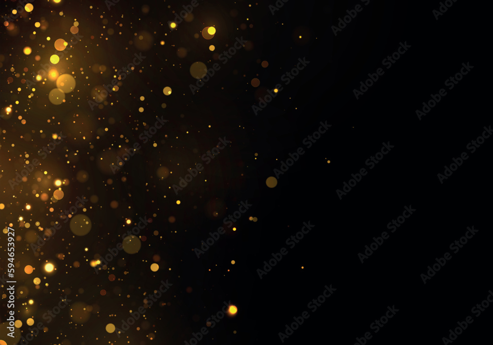 Christmas glowing gold bokeh confetti and sparkle texture overlay for your design. Glowing yellow bokeh circles. Sparkling gold dust abstract golden luxury decoration background. Sparks golden stars.