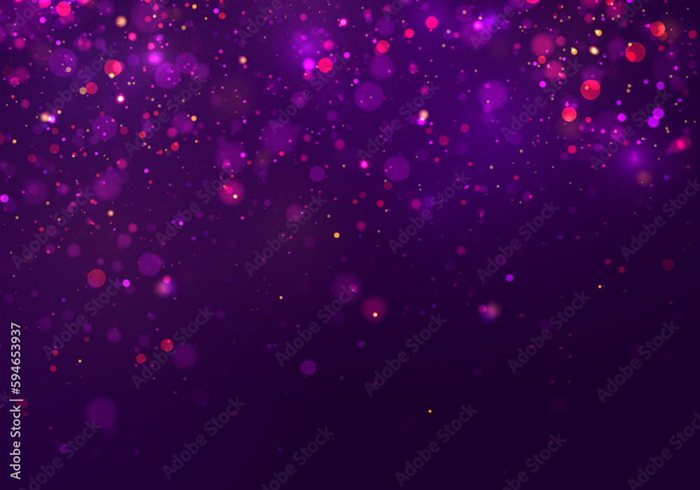 Colorful purple bokeh effect. Beautiful sparks shine with a special light. Background texture abstract glitter and elegant for Christmas. Sparkling magical dust particles. Vector illustration.
