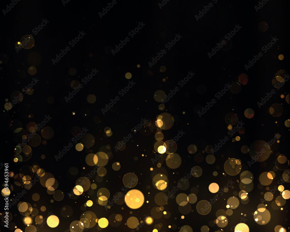 Christmas glowing gold bokeh confetti and sparkle texture overlay for your design. Glowing yellow bokeh circles. Sparkling gold dust abstract golden luxury decoration background. Sparks golden stars.