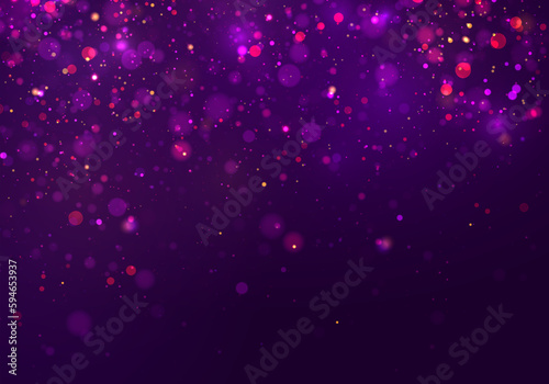 Colorful purple bokeh effect. Beautiful sparks shine with a special light. Background texture abstract glitter and elegant for Christmas. Sparkling magical dust particles. Vector illustration.