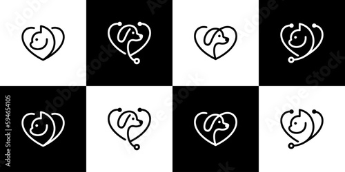 Collection of animal pet logo design with love and stethoscope design graphic vector illustration. Pet care symbol, icon, creative.
