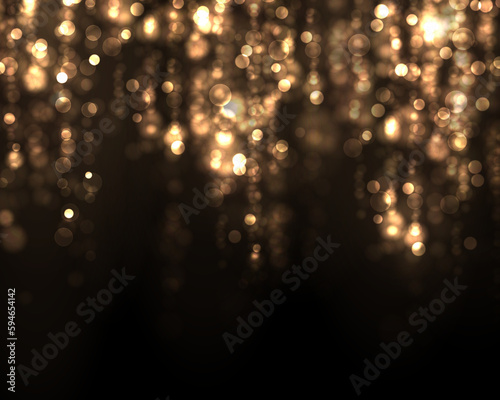 Gold, yellow bokeh effect on black background. Sparkling magical particles. Texture background abstract golden glitter and elegant for Christmas. Xmas lights concept. Vector illustration.