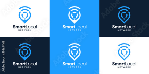 Collection of pin location logo design with signal wifi connection and light bulb design graphic vector illustration. Smart Local symbol, icon, creative.