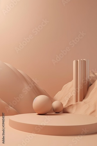 Sand beige pastel vertical podium background with minimal stylish decorations, abstract mock up blank beauty show case cosmetic product pedestal stand minimal mockup showcase ai generative.