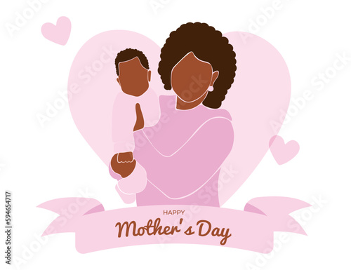 Happy Mother's Day card. Black mom hugs the child. Faceless vector illustration. EPS 10.