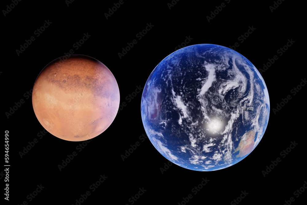 Obraz premium Planet Earth and Mars in outer space. 3D render illustration.