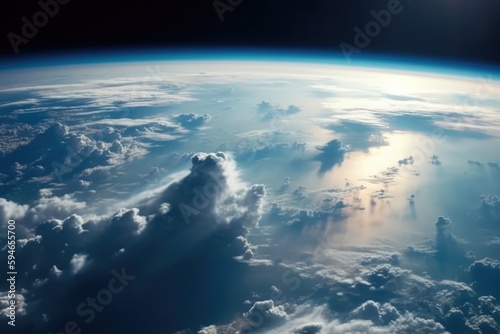 White clouds against the blue sky from space station. Generative AI.