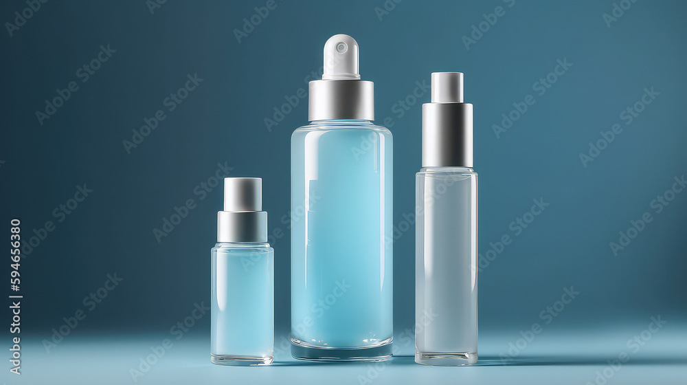 Minimalistic 3D rendering of unique modern unlabeled white and baby blue translucent glass bottles marketing campaign set design, spray bottle, shop or banner, advertising campaign, generative AI Minimalistic 3D rendering of unique modern unlabeled white and baby blue translucent glass bottles marketing campaign set design, spray bottle, shop or banner, advertising campaign, generative AI
