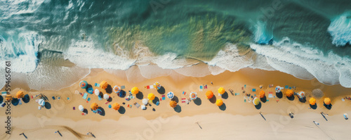 Fotografiet A breathtaking aerial view of a beach paradise with many colorful umbrellas and people enjoying various leisure activities is perfect for promoting a tropical resort or vacation getaway