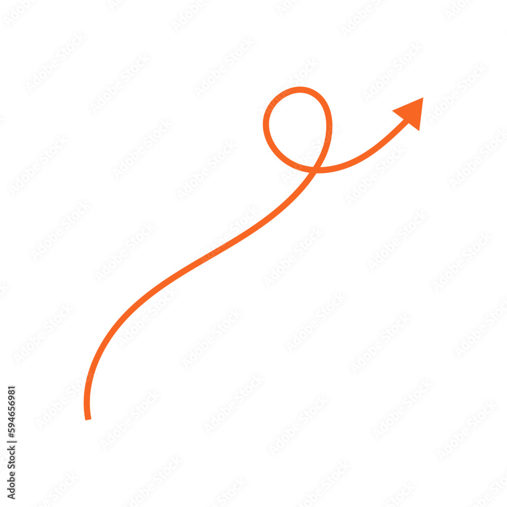 Red curved arrow isolated on white background. Vector hand drawn doodle curve pointer.
