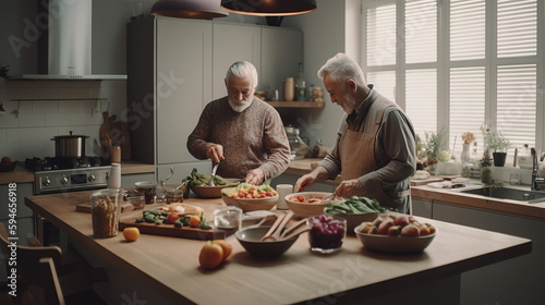 Generative ai illustration of two men preparing meals together in the kitchen