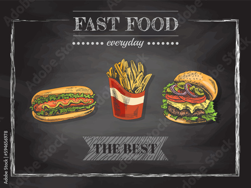 Fast food menu.  Vintage vector illustration. Hand-drawn sketch illustration of fast food isolated on chalkboard  background. Great for menu, poster or restaurant background.