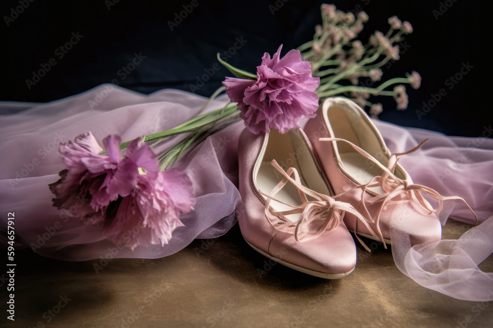 Flat shoes and purple flowers, Generative AI Flat shoes and purple flowers, Generative AI