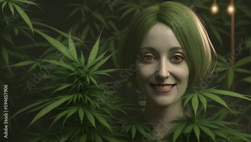 Green-haired woman in a forest with hemp plant AI-Generated