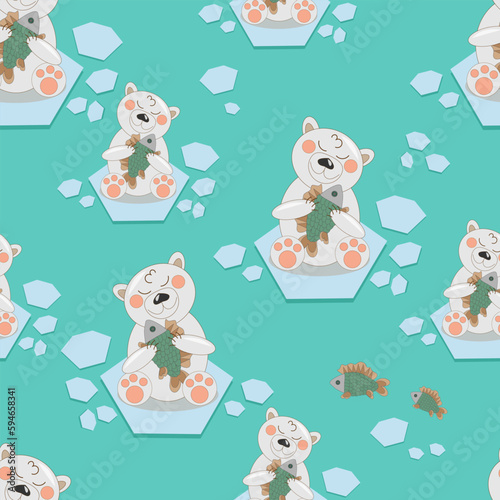 vector illustration seamless pattern a polar bear cub with fish on an ice floe on marine background