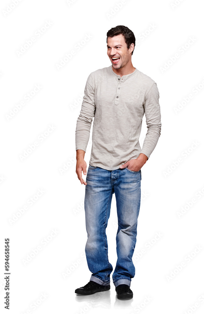 Fashion, laughing and man with style standing isolated on a transparent png background. Happiness, funny and male person with casual, trendy or cool outfit with hands in pockets for comedy or joke