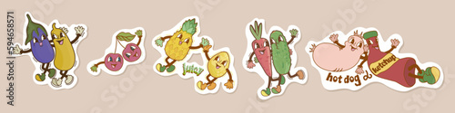 Retro cartoon funny heroes with gloved hands. Set of comic characters. Cute vegetables and fruits. Retro cartoon sticker collection.