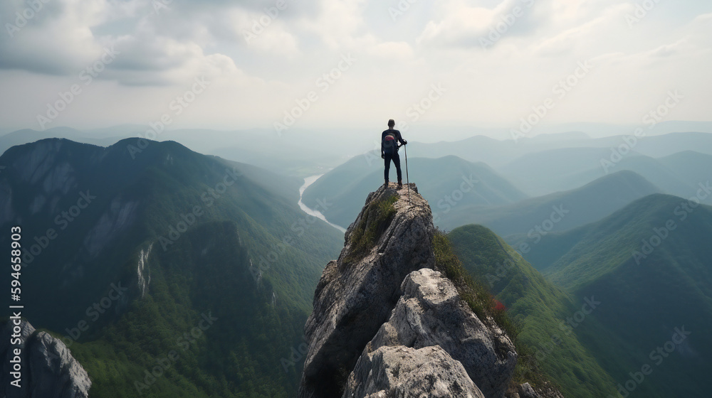 Daring rock climber conquers Klippe with breathtaking views of cloud-filled sky and mountainous terrain, perfect for recreation and travel, generative AI.