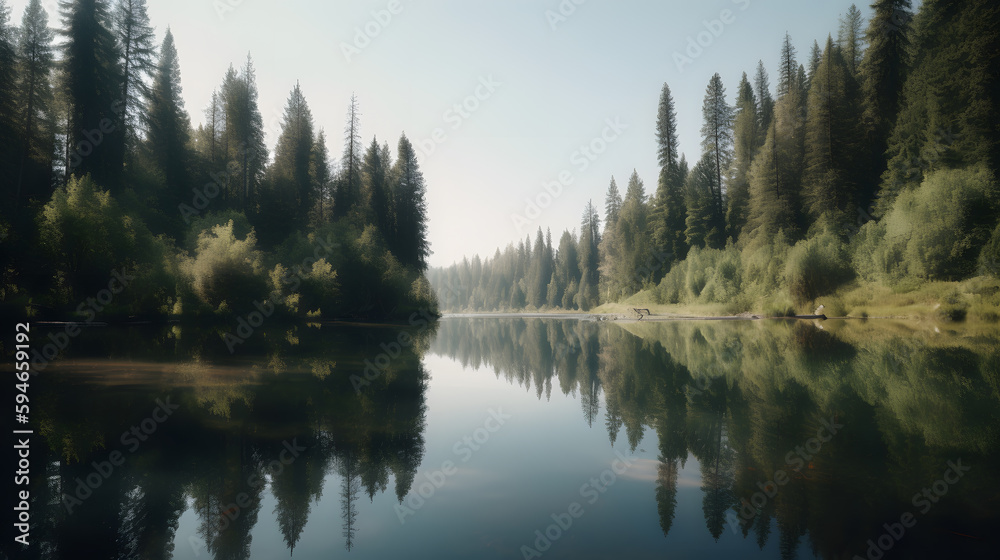 A serene and calming shot of a lake surrounded by trees, with a reflection of the sky in the water.