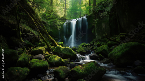 Serenity in Nature's Embrace - Serene Waterfall Landscape with Fluvial Stream, Natural Vegetation, and Sunlight, generative AI