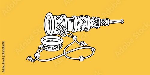 Pirate vintage spyglass for marine adventures. Retro telescope spy glass. Vector illustration isolated in yellow background