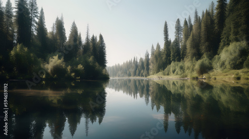 A serene and calming shot of a lake surrounded by trees, with a reflection of the sky in the water. © CanvasPixelDreams