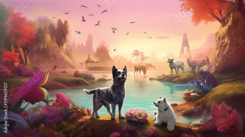 Fantastical dream dogs in natural landscape painting, with water, trees, and sky, featuring mammals, birds, and plants, generative AI.