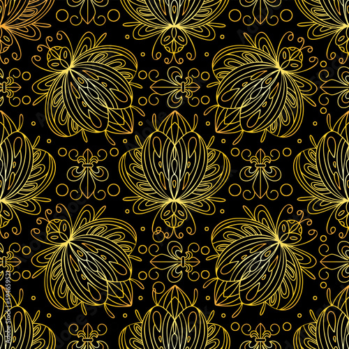 Black and golden bugs seamless pattern. Bohemian pattern with beetles. Vector illustration