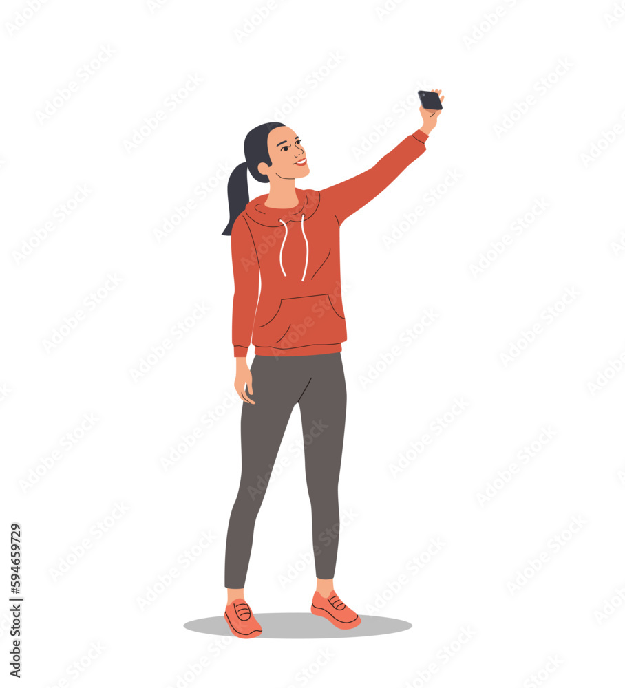 Young woman taking selfie isolated. Vector cartoon flat style illustration