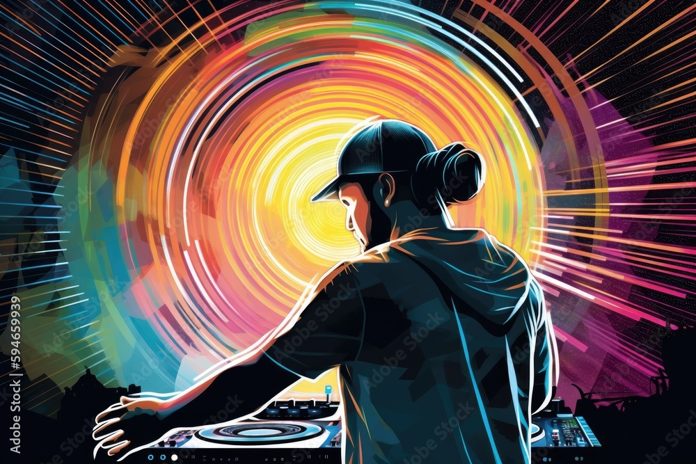 Illustration of a DJ mixing tracks on a mixer in a nightclub with colorful lasers show. An amazing club atmosphere with a lof of people dancing to electronic music. Generative AI Illustration of a DJ mixing tracks on a mixer in a nightclub with colorful lasers show. An amazing club atmosphere with a lof of people dancing to electronic music. Generative AI