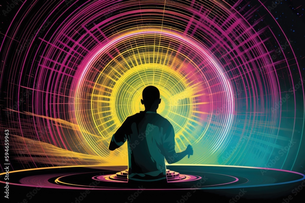 Illustration of a DJ mixing tracks on a mixer in a nightclub with colorful lasers show. An amazing club atmosphere with a lof of people dancing to electronic music. Generative AI Illustration of a DJ mixing tracks on a mixer in a nightclub with colorful lasers show. An amazing club atmosphere with a lof of people dancing to electronic music. Generative AI