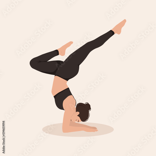 Young woman perfoming yoga exercise in handstand and demonstrating yoga asana on light background. Flat vector illustration