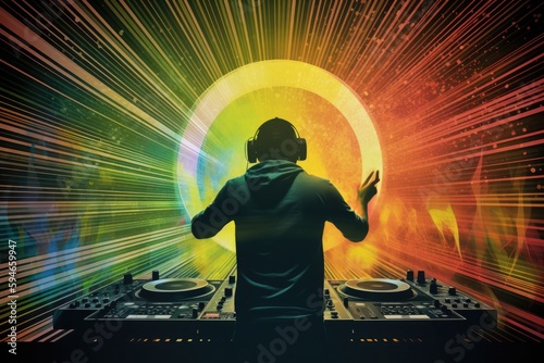 Illustration of a DJ mixing tracks on a mixer in a nightclub with colorful lasers show. An amazing club atmosphere with a lof of people dancing to electronic music. Generative AI