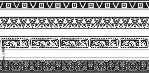 Vector set of seamless monochrome national native american ornaments. Endless ethnic black borders, frames of the peoples of America, Aztec, Maya, Incas. For sandblasting, plotter and laser cutting..