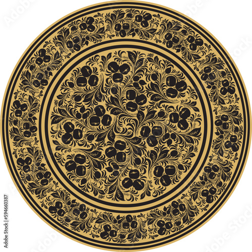 Vector gold round Russian folk ornament Khokhloma. National endless circle, tray, plate of Slavic peoples, Belarusians, Ukrainians..