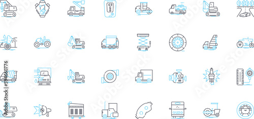 Music business linear icons set. Recording, Distribution, Marketing, Promotion, Artist, Manager, Label line vector and concept signs. Royalties,Contract,Touring outline illustrations