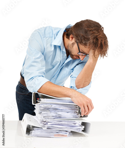 фотографія Burnout, stress and man with stack of paperwork isolated on a transparent png background for deadline