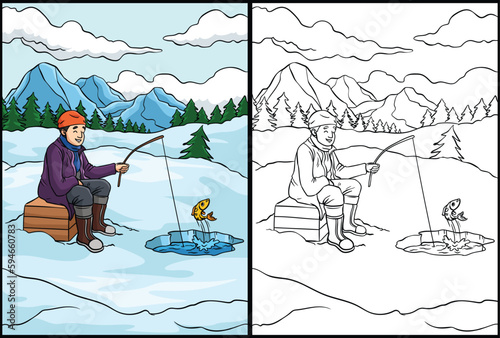 Ice Fishing Coloring Page Colored Illustration