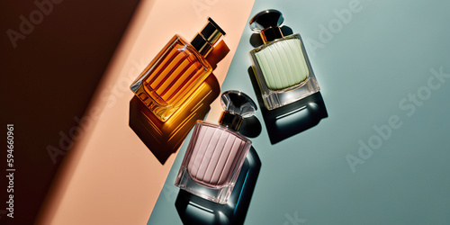 Collection of transparent multi color glass perfume bottles on a light background. Art composition still life. Stylish parfumerie banner. Generative AI.
