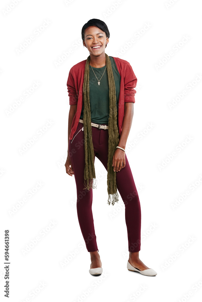 Portrait, happy and black woman standing isolated on transparent png background in casual outfit. Female person with confidence, happiness and good mood for fashionable clothes, pride and empowerment