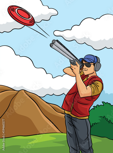Skeet Shooting Colored Cartoon Illustration