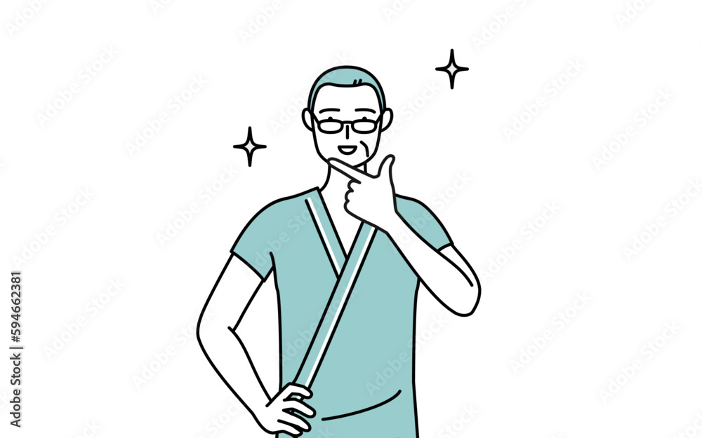 自信家のポーズを取る中年・シニア男性入院患者