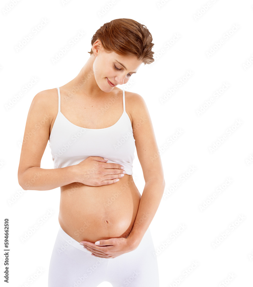 Happy, smile and stomach of pregnant woman on png background for health, care and support. Pregnancy, wellness and maternity with mother isolated on transparent for excited, abdomen and feeling Happy, smile and stomach of pregnant woman on png background for health, care and support. Pregnancy, wellness and maternity with mother isolated on transparent for excited, abdomen and feeling
