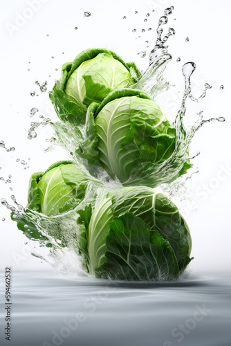Levitation cabbages head with drops of water splash, isolated on white background, organic healthy, flying food, AI generative