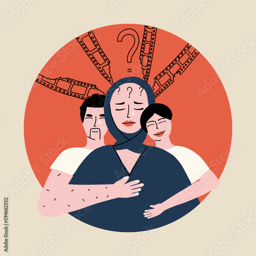 Happy family, father, mother, son and dog. Vector illustration in hand drawn style