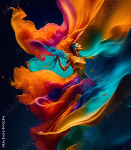 Woman dancing with dress that fuses silk and colored ink and that wraps around her. Dancing girl in underwater fantasy world with a silk dress and multicolored waves flying around her. generative AI
